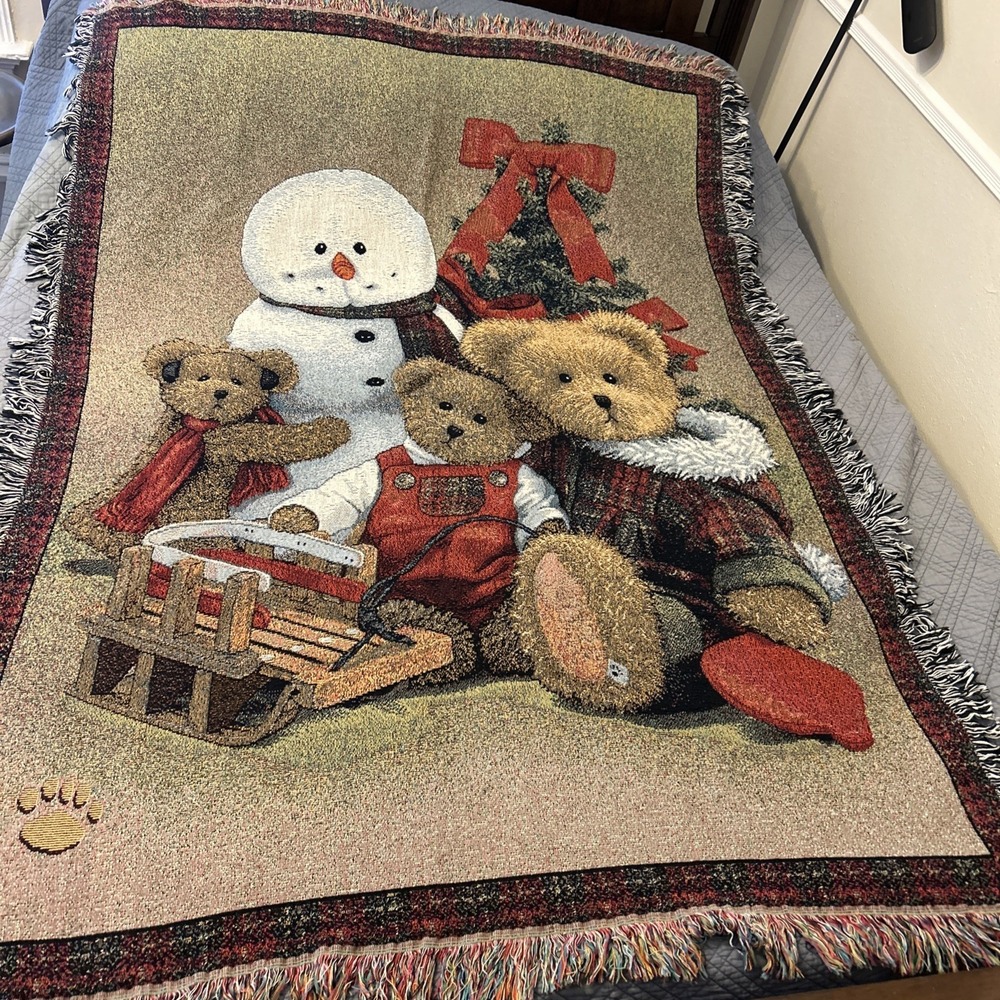 Vintage Christmas Tapestry Throw Blanket Snowman‎ Teddy Bears Sled 52x70